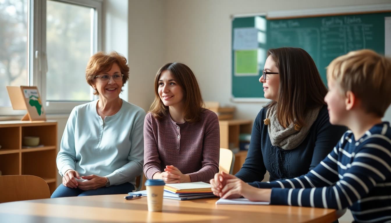 School support team including speech therapist, OT, and special education teacher collaborating in a meeting room