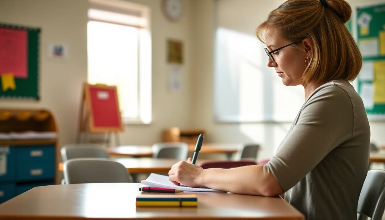 Special education teacher in Tennessee writing an IEP family newsletter at a classroom desk