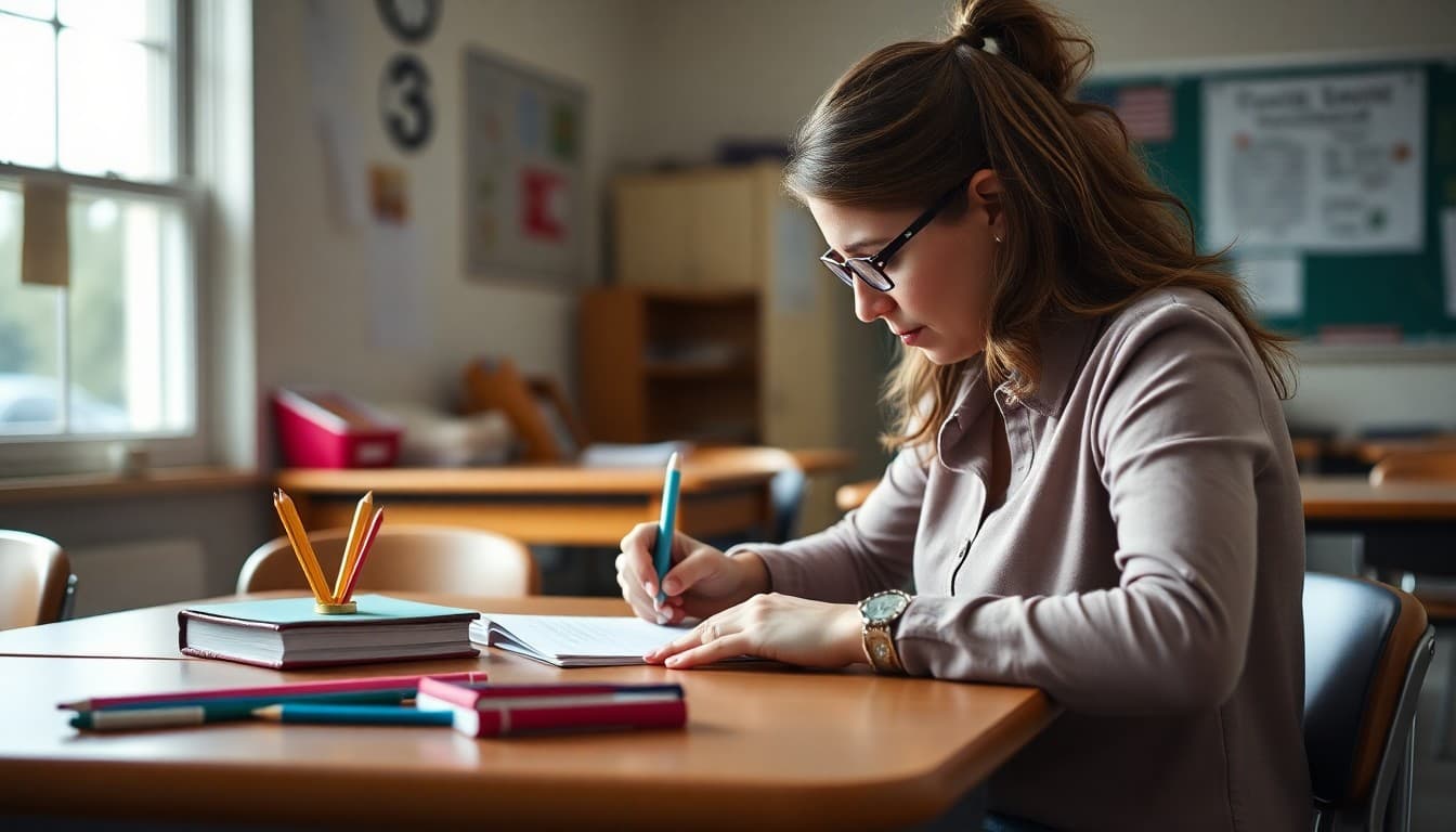 Special education teacher in Texas writing an IEP family newsletter at a classroom desk