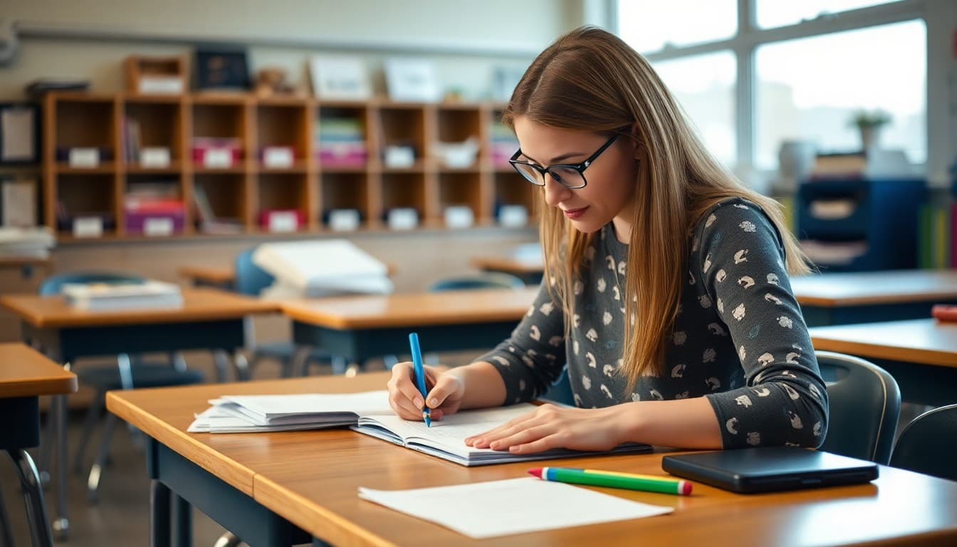 Special education teacher in Utah writing an IEP family newsletter at a classroom desk
