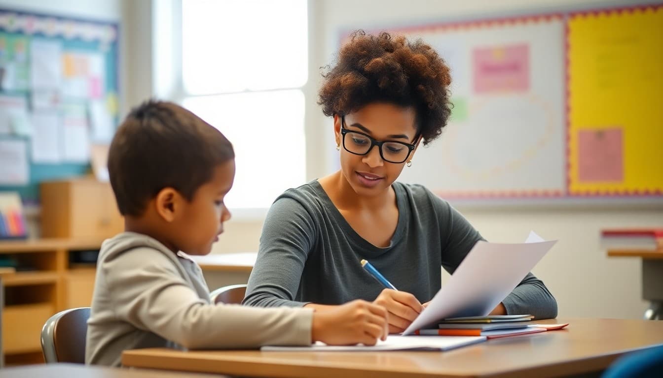 Special education teacher in Virginia writing an IEP family newsletter at a classroom desk