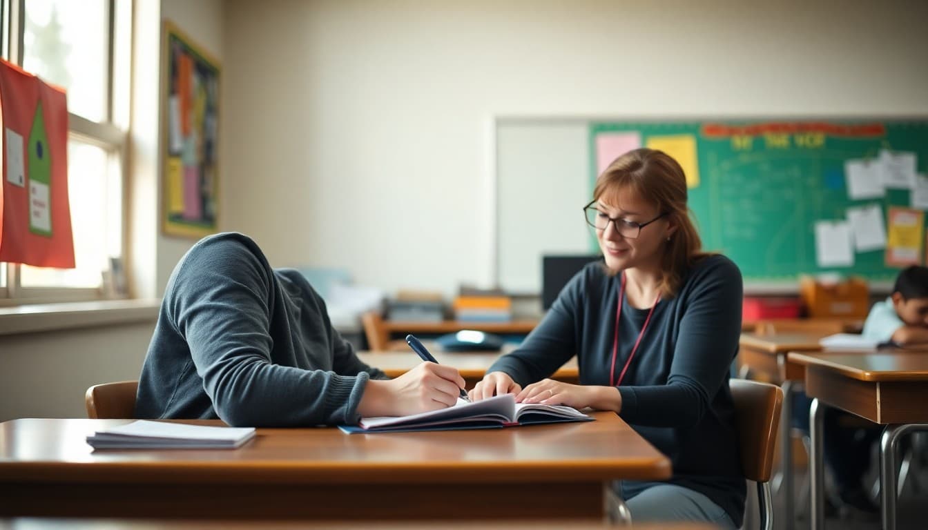 Special education teacher in Washington State writing an IEP family newsletter at a classroom desk
