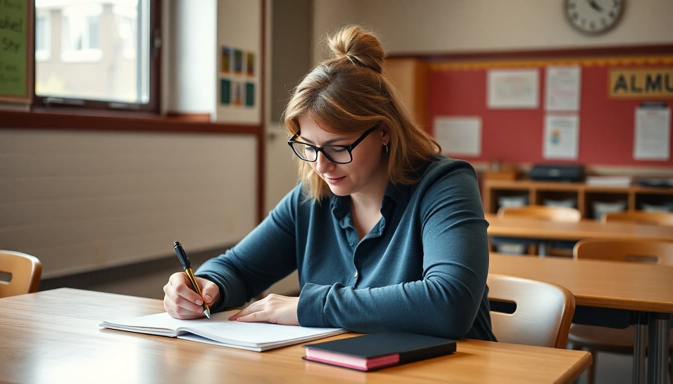 Wisconsin special education teacher writing a family newsletter at a school desk