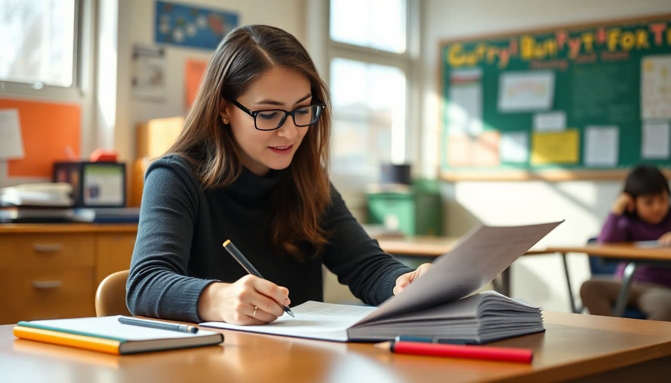 Special education teacher in West Virginia writing an IEP family newsletter at a classroom desk