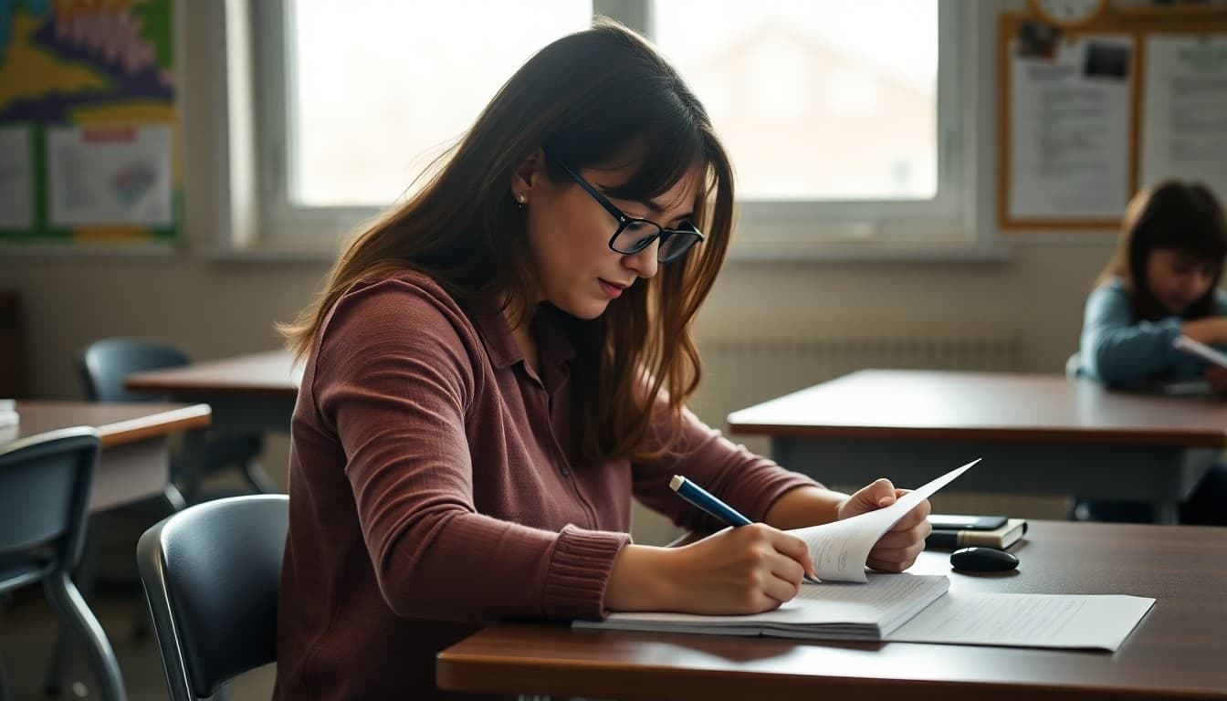 Wyoming special education teacher writing IEP family newsletter at a school desk