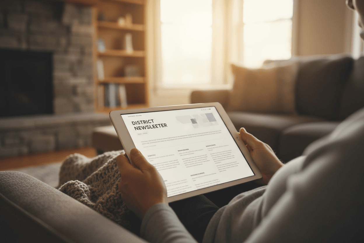 Parent reading a Connecticut Smarter Balanced results newsletter on a smartphone at a kitchen table