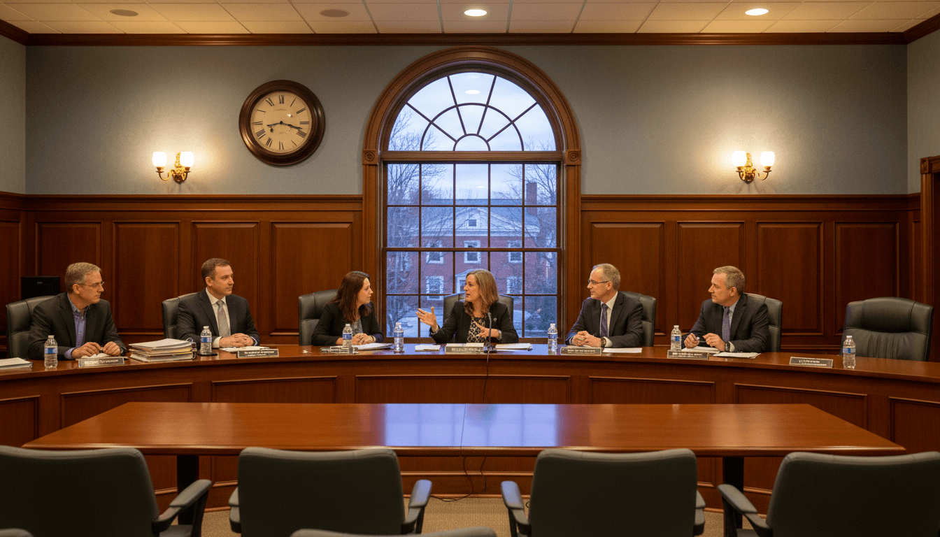 Connecticut school board members at the dais during a public meeting, agenda visible on screen