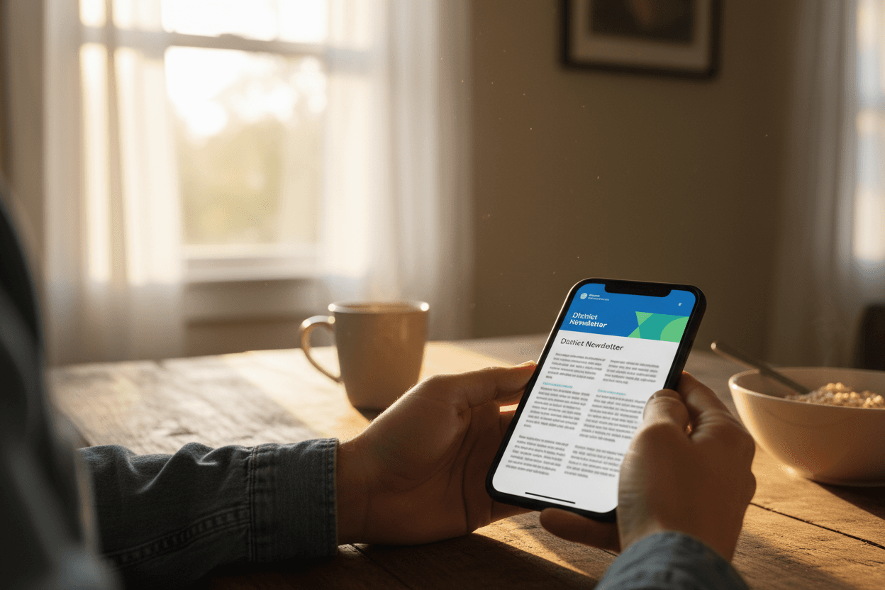 Parent reading a Connecticut school district report card newsletter on a smartphone at a kitchen table