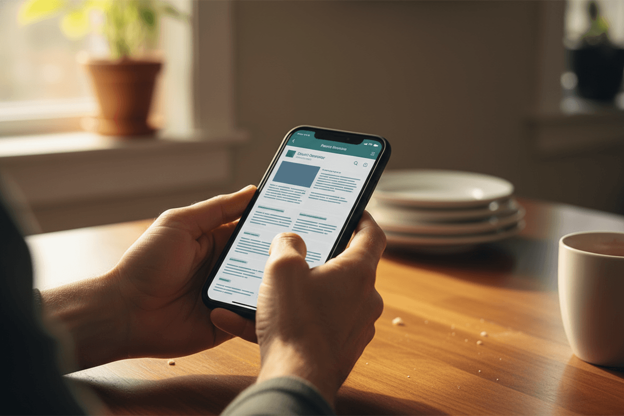 Parent reading a Delaware school district report card newsletter on a smartphone at a kitchen table