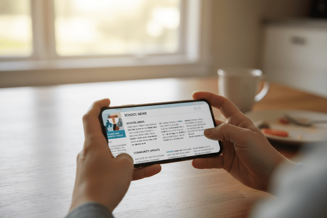 Parent reading a Georgia school district report card newsletter on a smartphone at a kitchen table