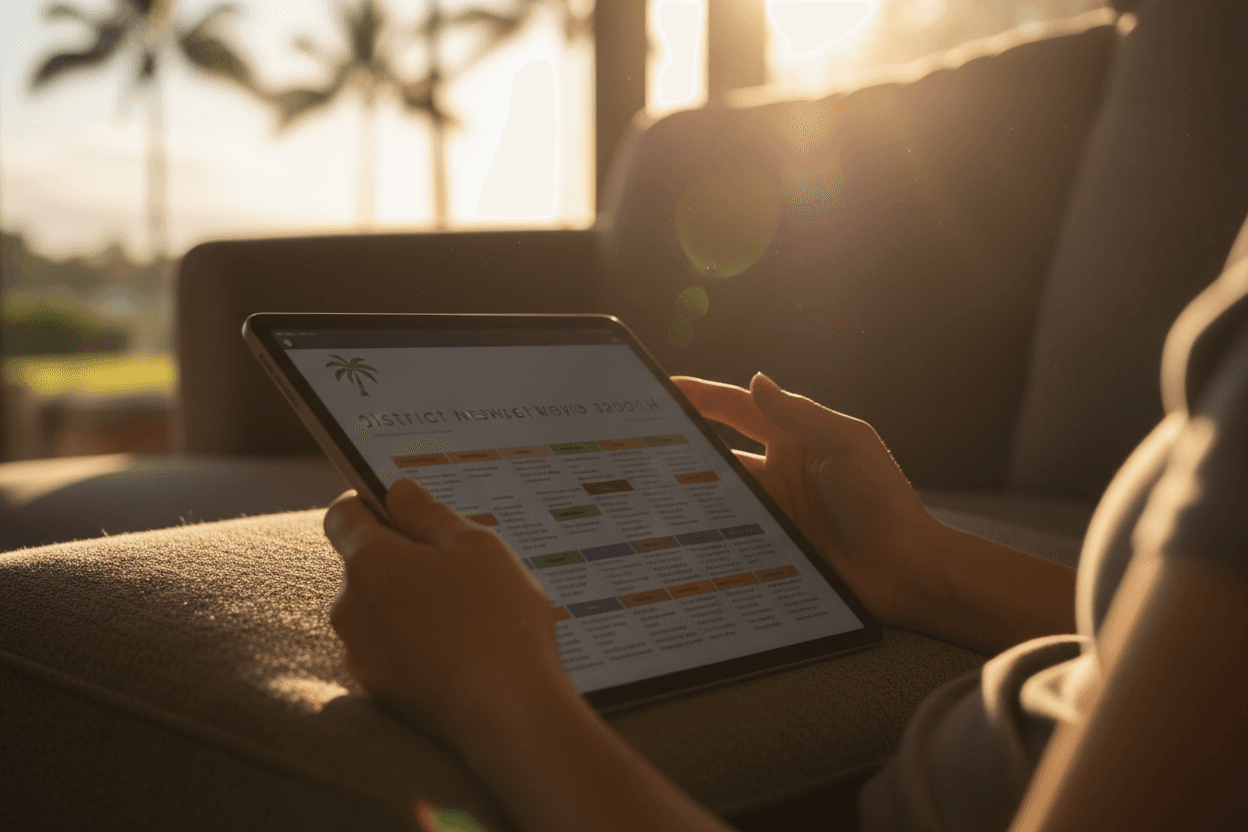 Parent reading Hawaii Smarter Balanced results newsletter on a tablet at home