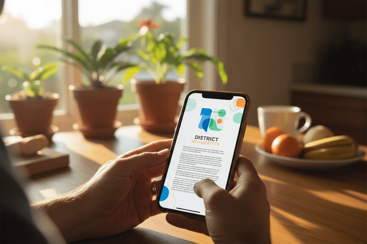 Parent reading a Hawaii school district report card newsletter on a smartphone at a kitchen table
