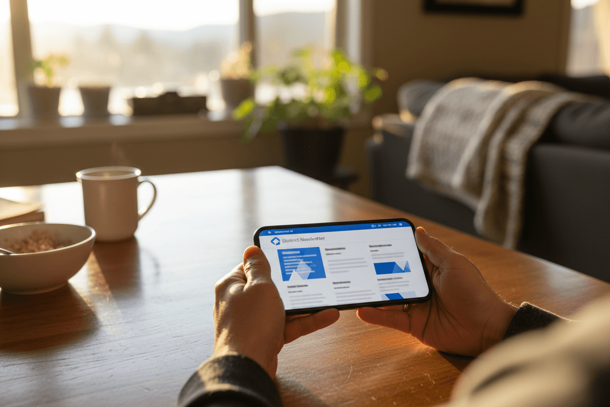 Parent reading a Idaho school district report card newsletter on a smartphone at a kitchen table