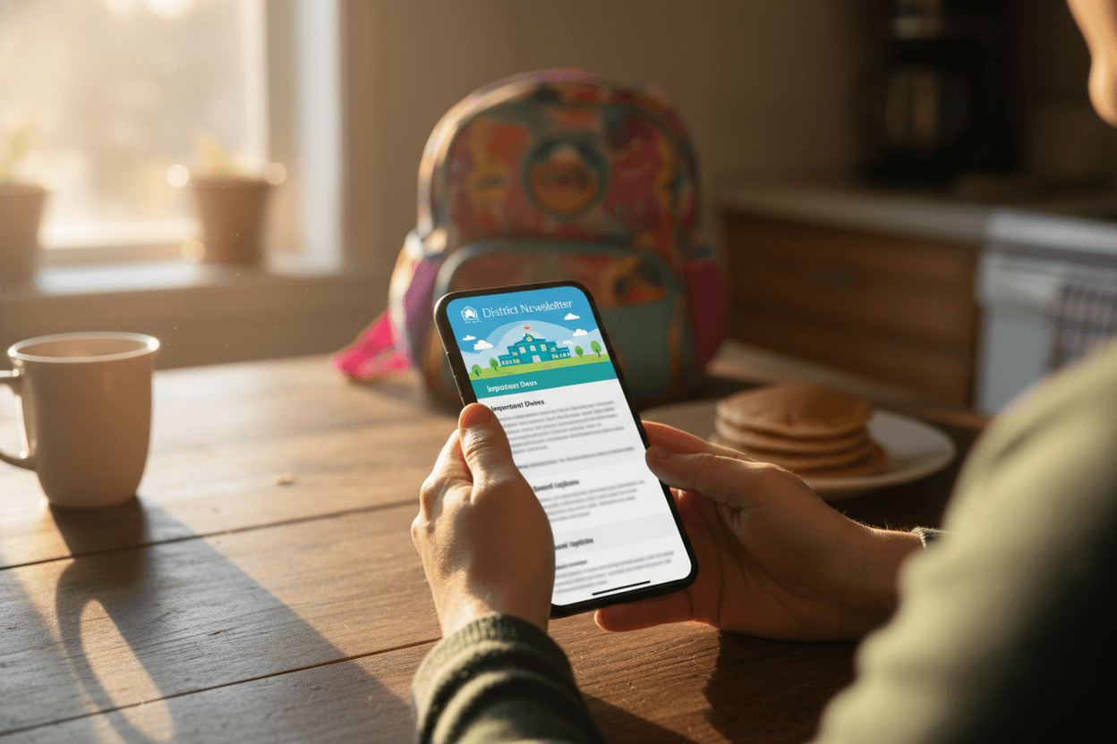 Parent reading a Indiana school district report card newsletter on a smartphone at a kitchen table