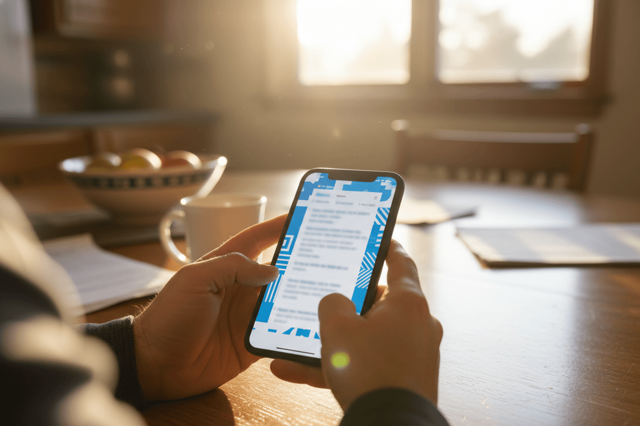 Parent reading a Iowa school district report card newsletter on a smartphone at a kitchen table