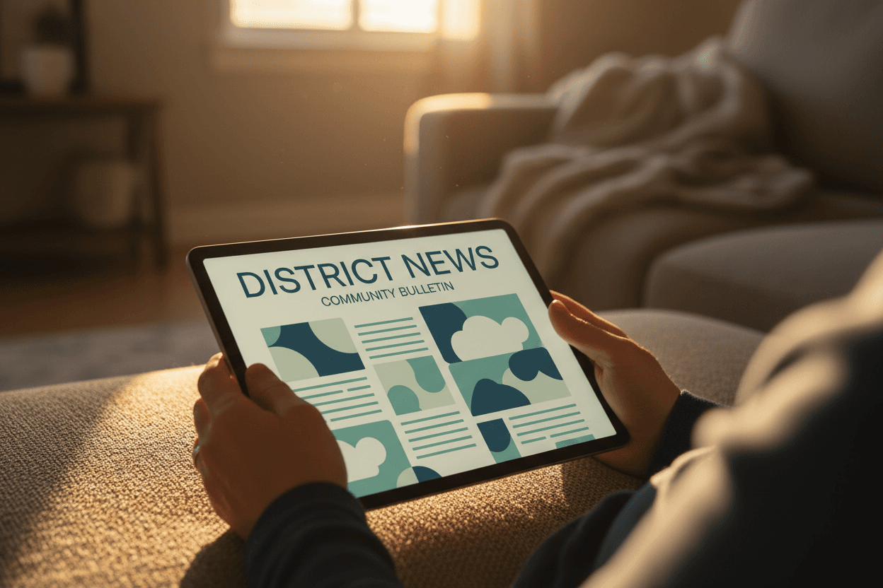 Parent reading Kansas KAP results newsletter on a tablet at home