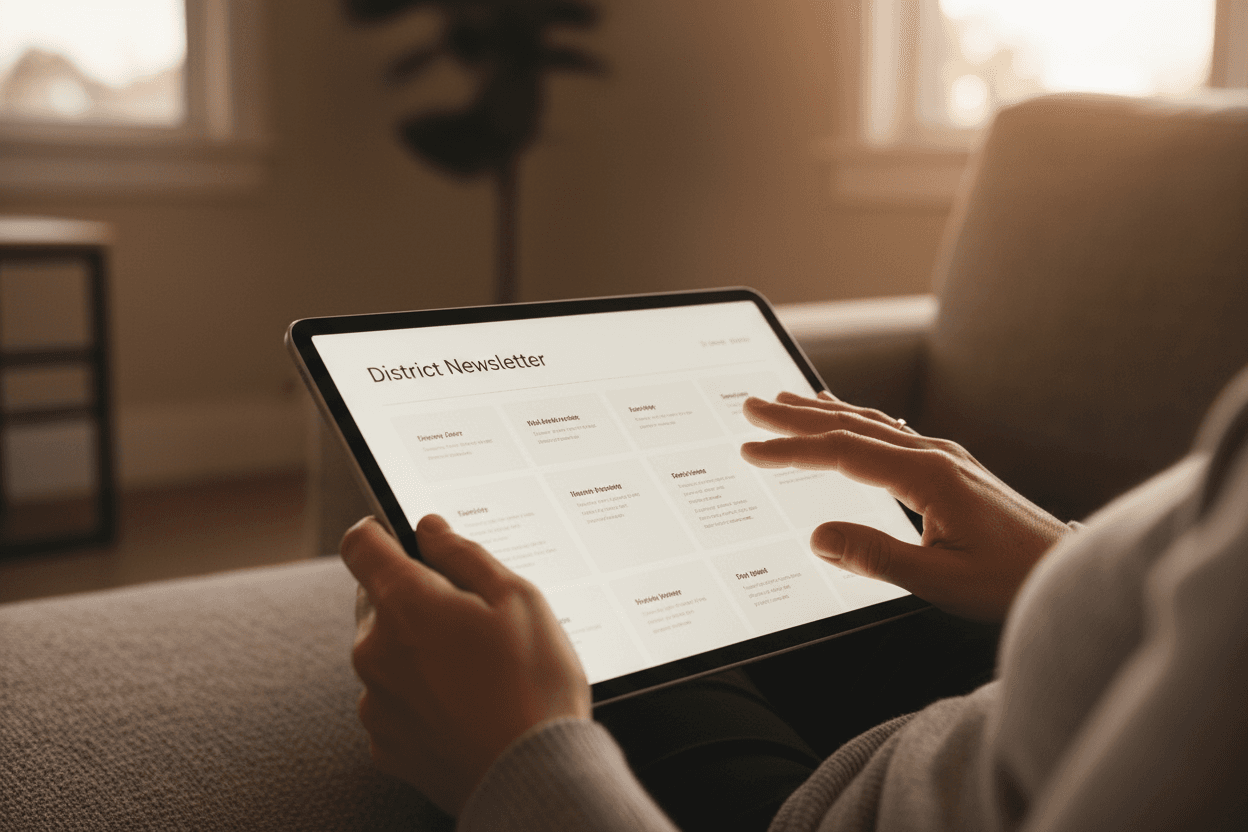 Parent reading Louisiana LEAP 2025 results newsletter on a tablet at home