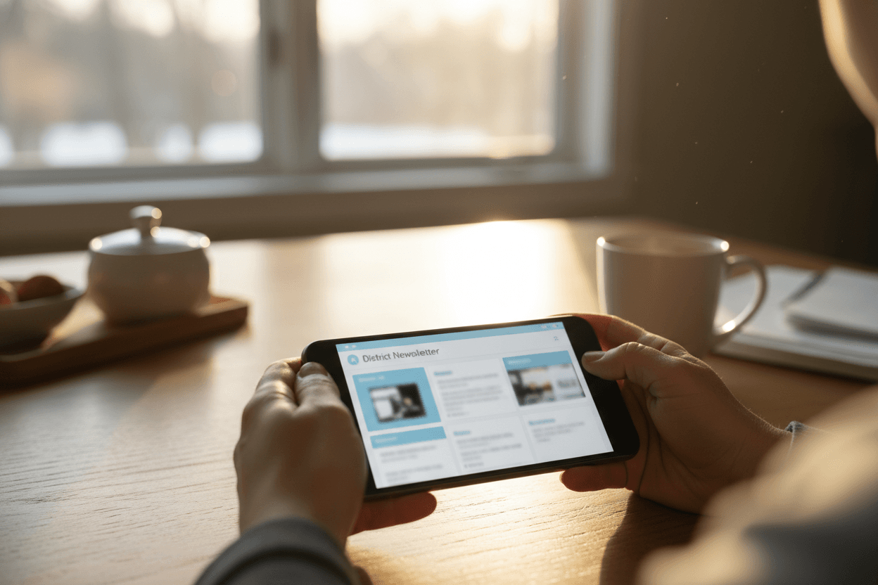 Parent reading a Maine school district report card newsletter on a smartphone at a kitchen table