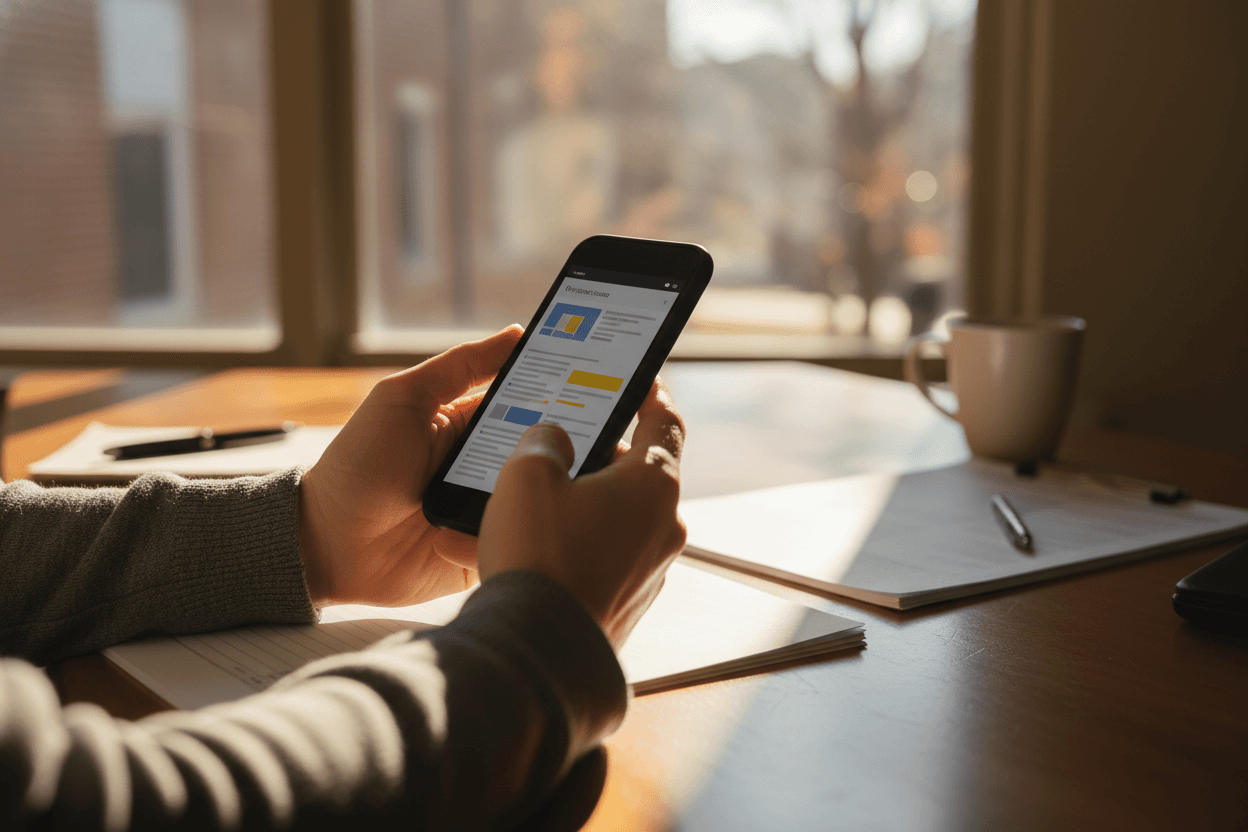 Parent reading a Maryland school funding update newsletter on a smartphone at a kitchen table