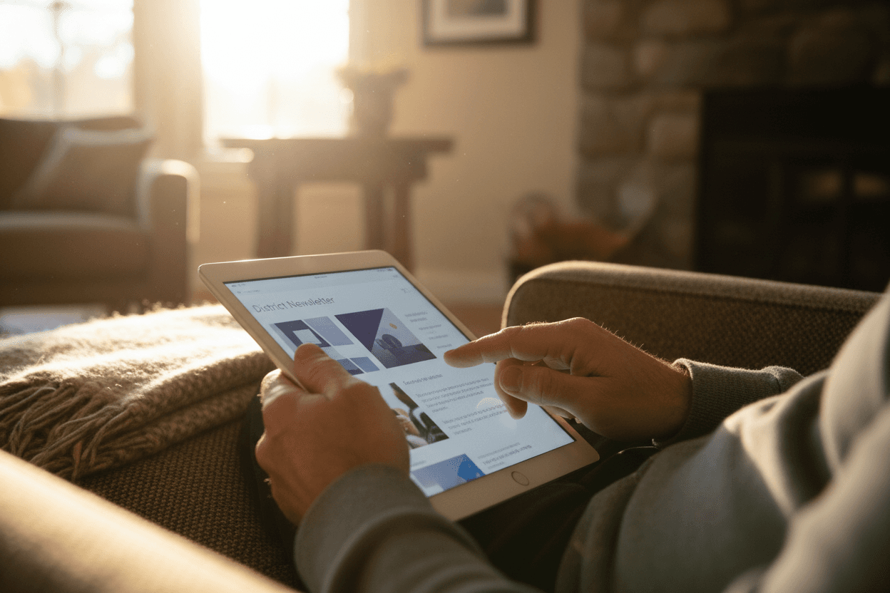 Parent reading a Massachusetts district assessment results newsletter on a smartphone in a kitchen