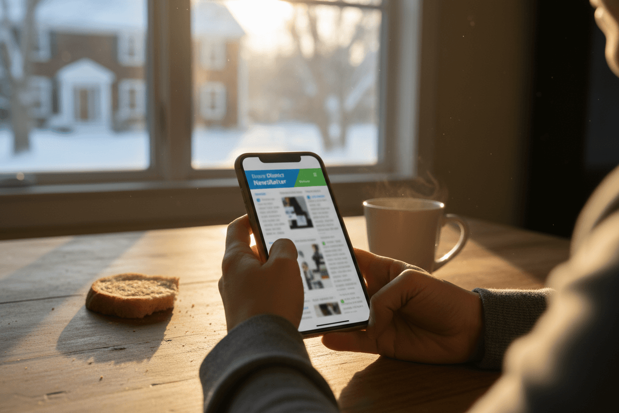Parent reading a Massachusetts school district report card newsletter on a smartphone at a kitchen table
