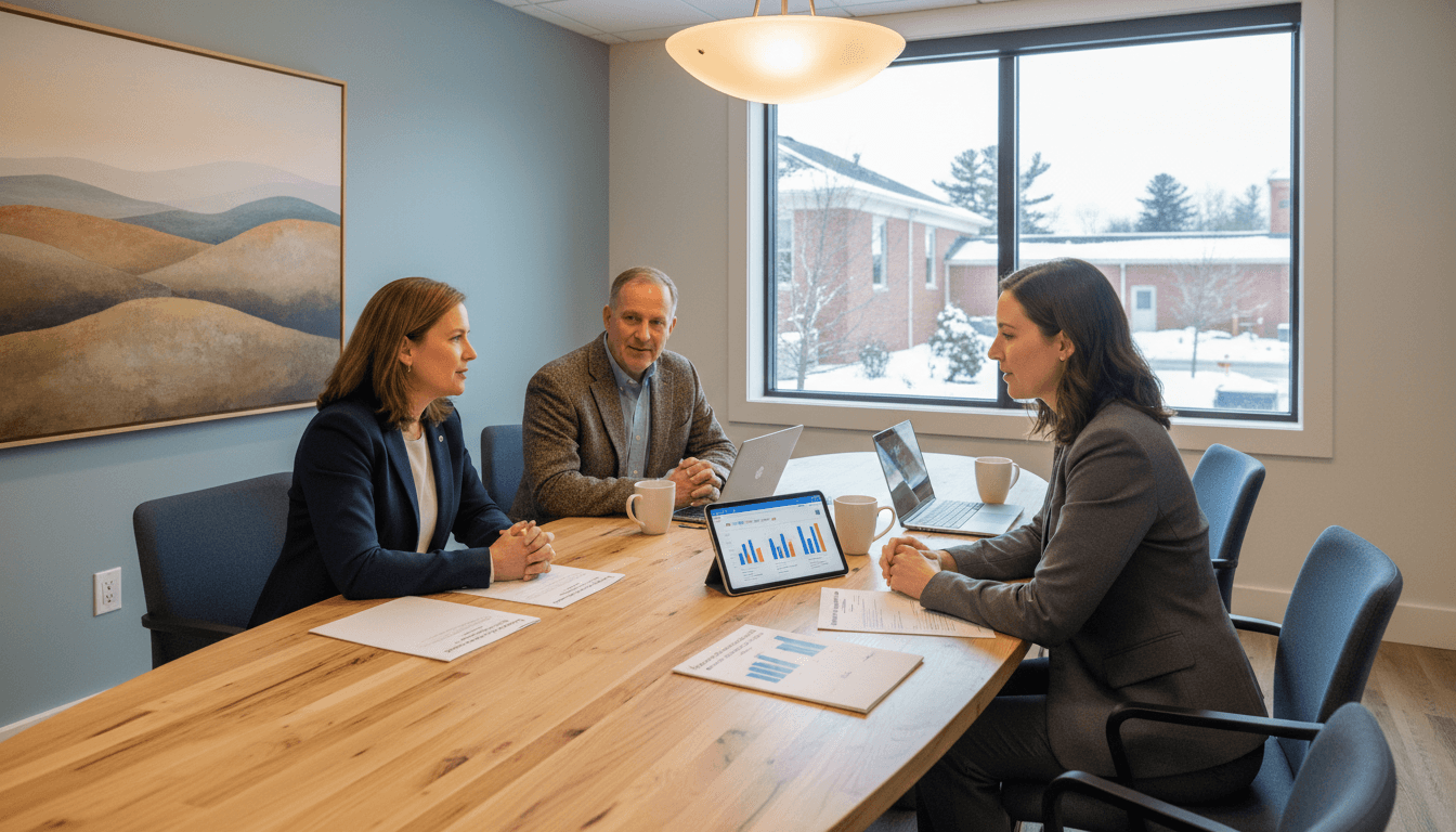 Massachusetts district administrator at a conference table reviewing the District and School Report Cards with school leaders in a modern office