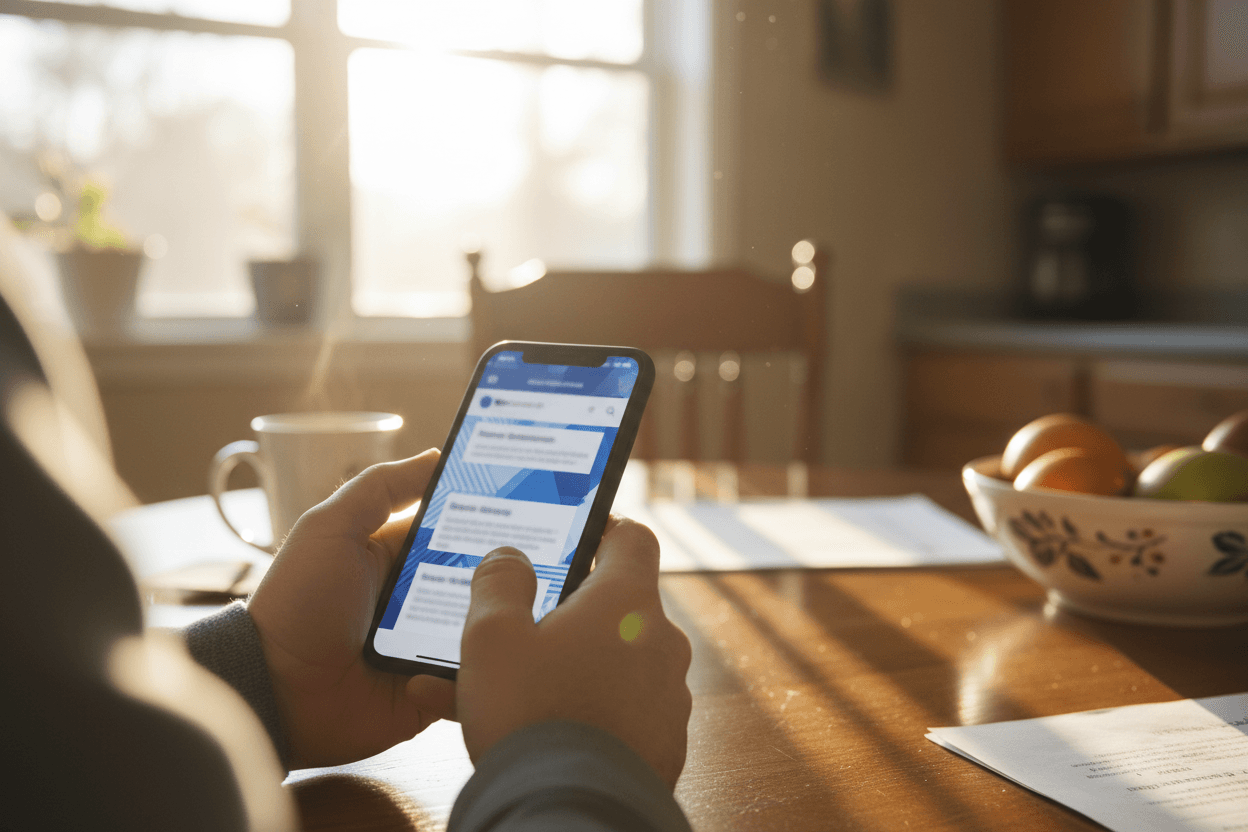 Parent reading a Michigan school district report card newsletter on a smartphone at a kitchen table