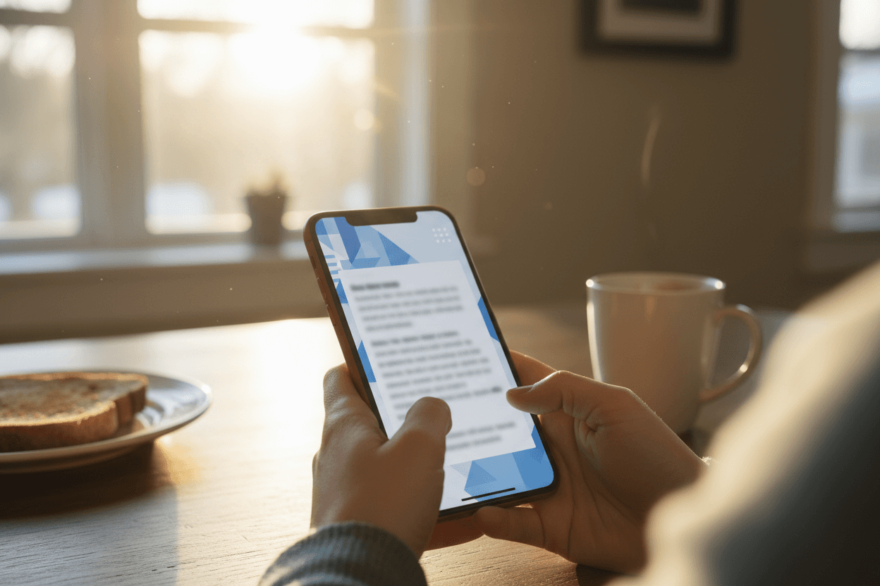 Parent reading a Mississippi school district report card newsletter on a smartphone at a kitchen table