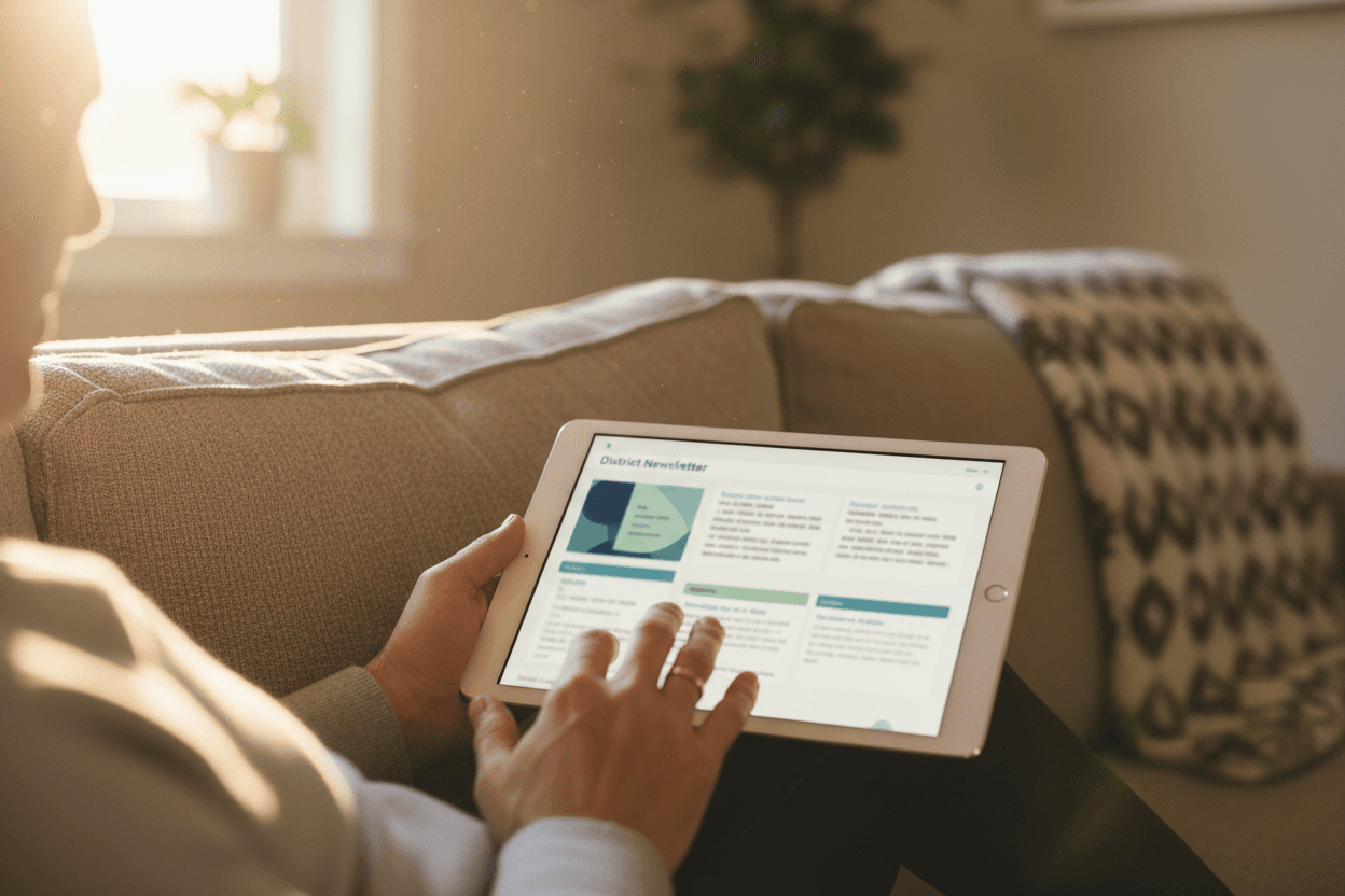Parent reading Nebraska NSCAS results newsletter on a tablet at home