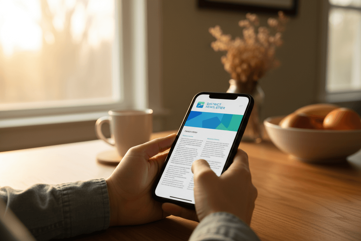 Parent reading a New Hampshire school district report card newsletter on a smartphone at a kitchen table