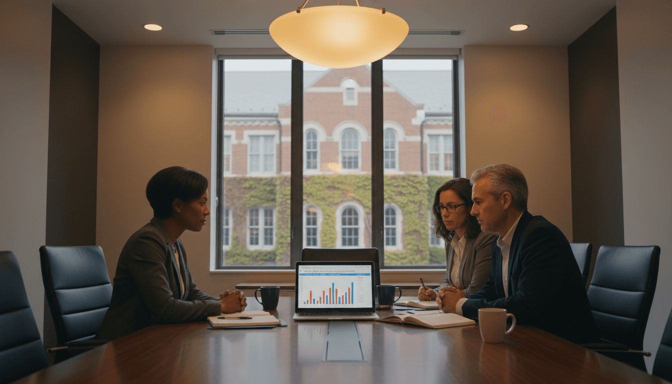 New York district administrators reviewing Regents Exam results around a conference table in a modern district office