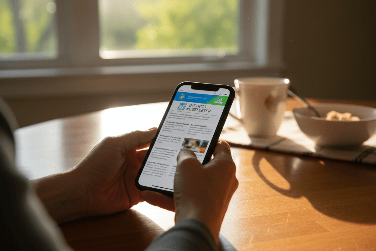 Parent reading a North Carolina school district report card newsletter on a smartphone at a kitchen table