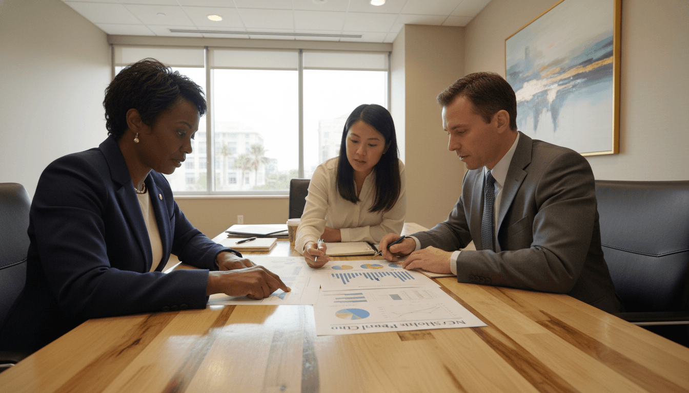 North Carolina district administrator at a conference table reviewing the NC School Report Card with school leaders in a modern office
