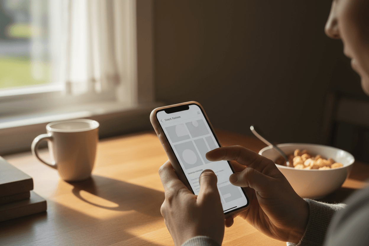 Parent reading a North Dakota school district report card newsletter on a smartphone at a kitchen table
