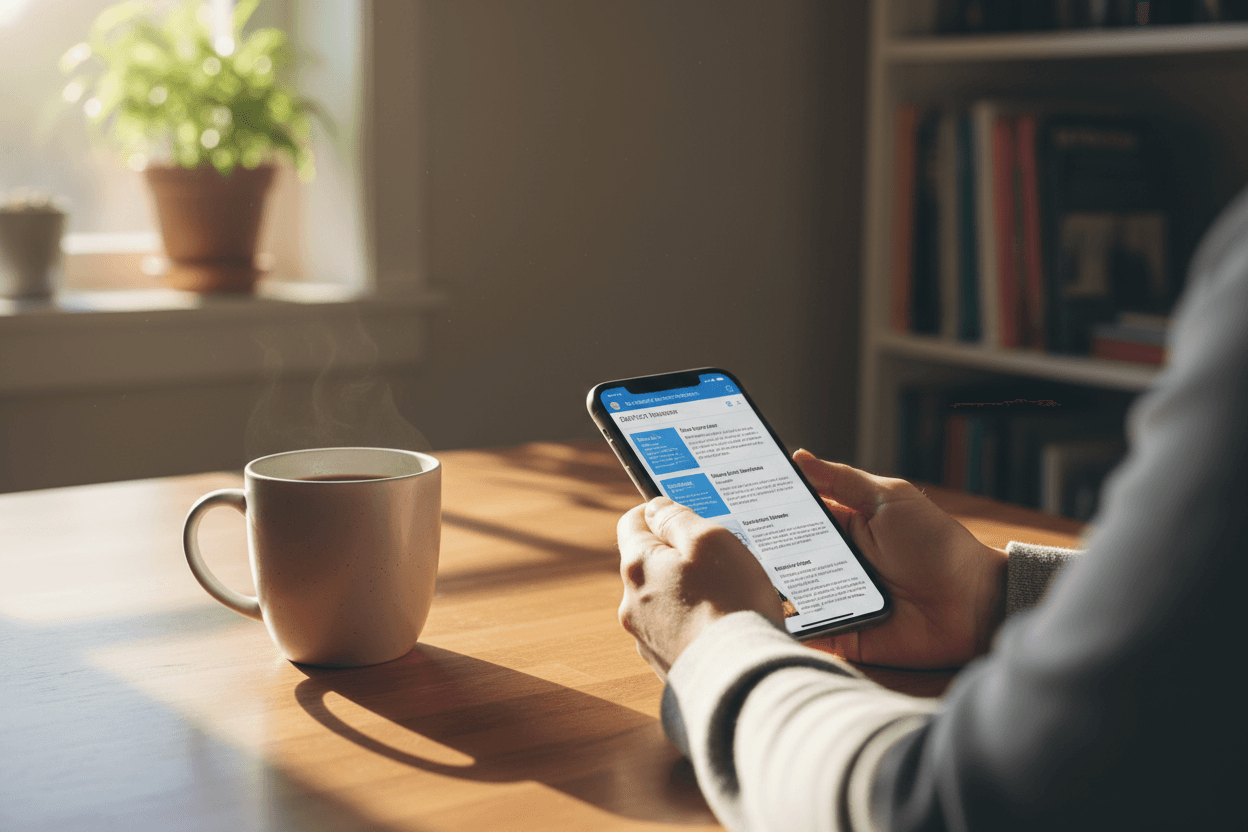 Parent reading a Ohio school district report card newsletter on a smartphone at a kitchen table