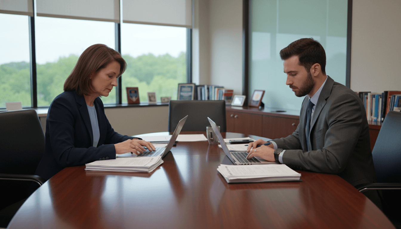 Pennsylvania district leaders reviewing PSSA results around a table in a modern district office