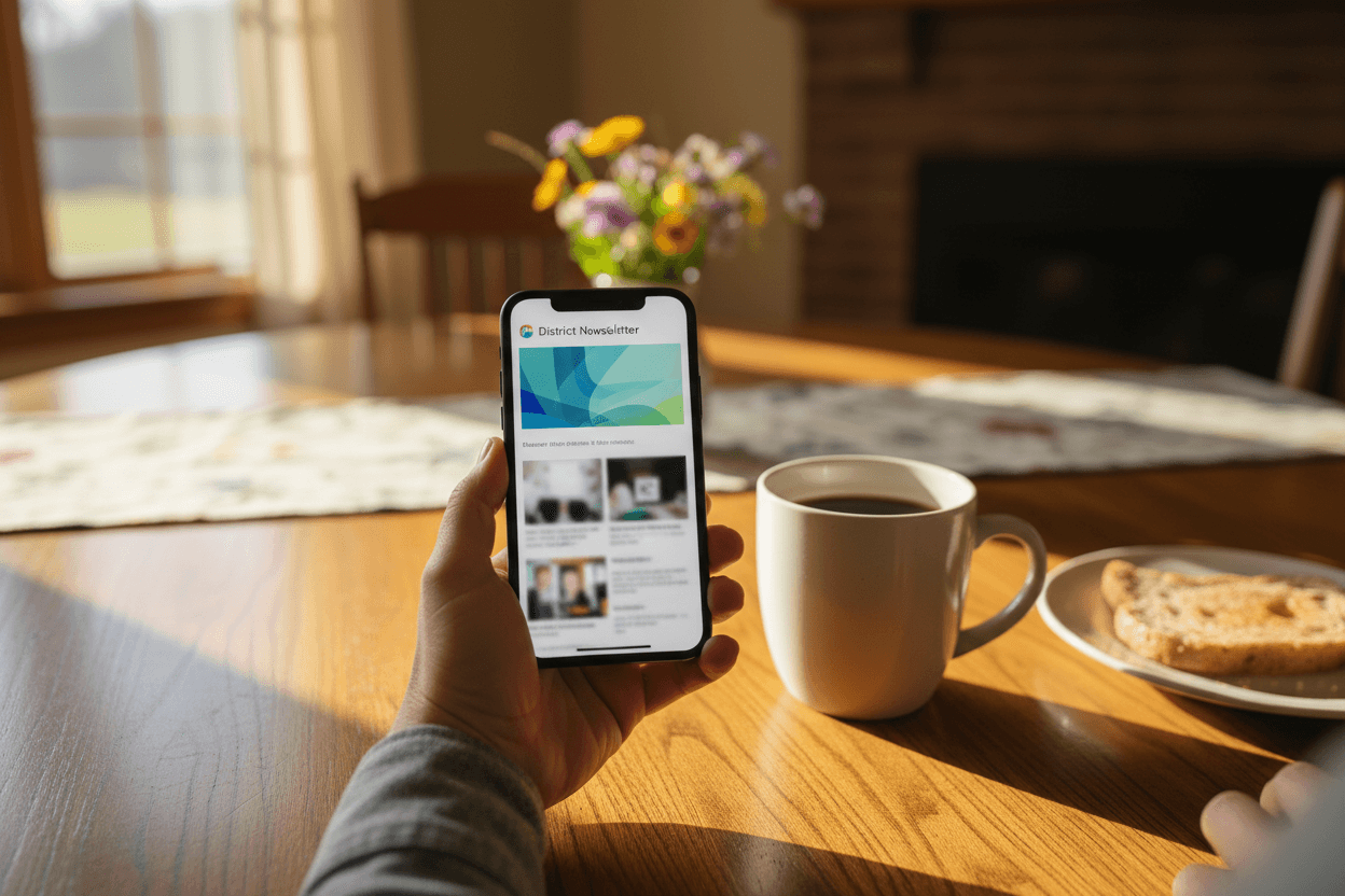 Parent reading a Pennsylvania school district report card newsletter on a smartphone at a kitchen table