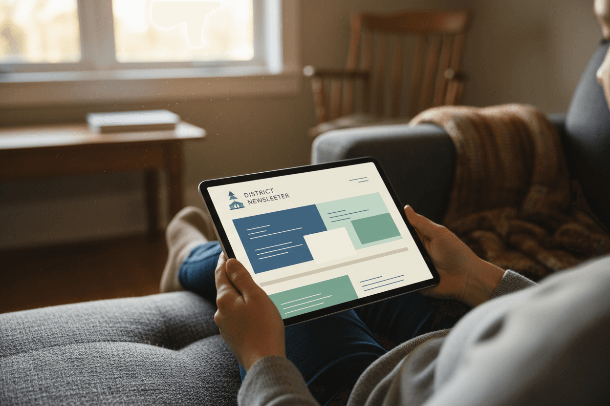 Parent reading Rhode Island RICAS results newsletter on a tablet at home