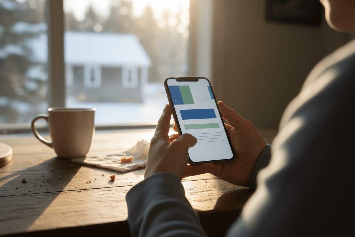 Parent reading a Rhode Island school district report card newsletter on a smartphone at a kitchen table