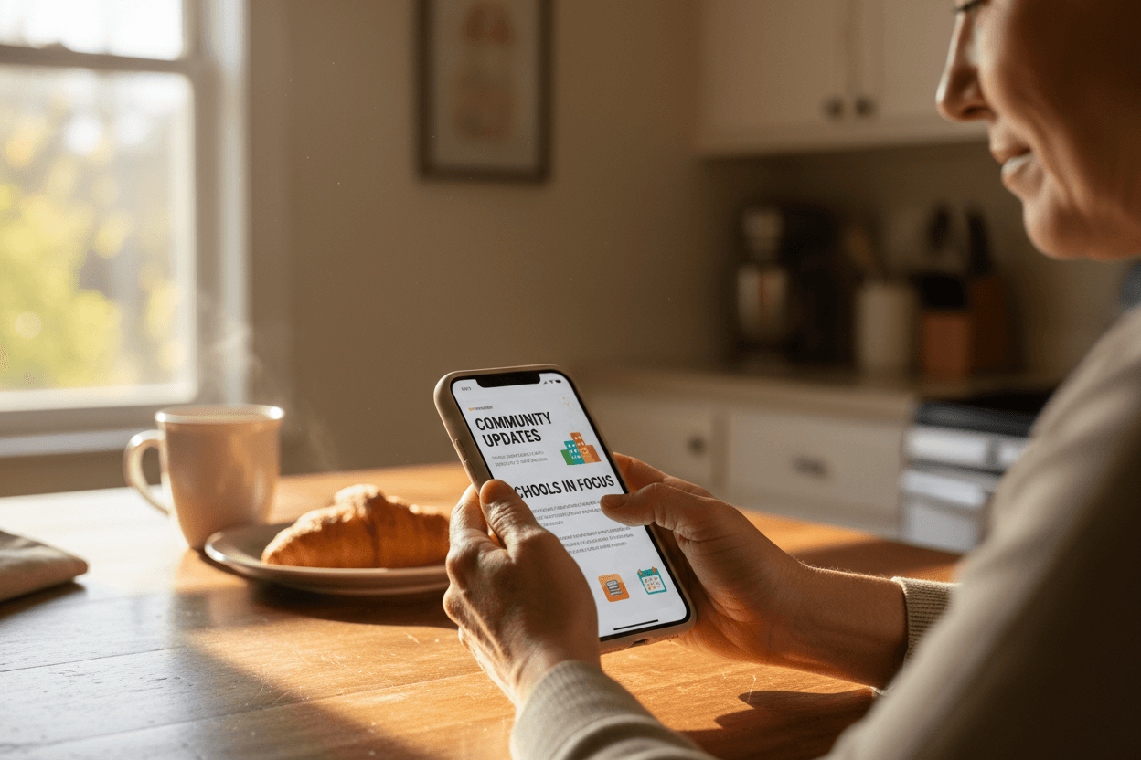 Parent reading a South Carolina school district report card newsletter on a smartphone at a kitchen table