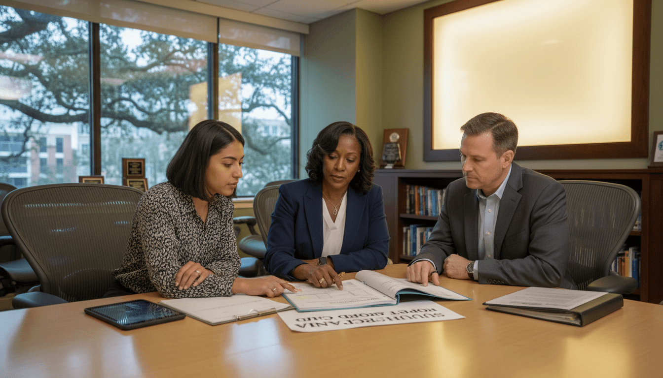 South Carolina district administrator at a conference table reviewing the South Carolina Report Card with school leaders in a modern office