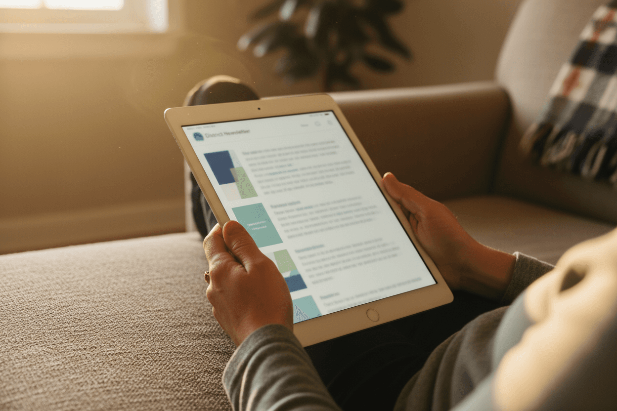 Parent reading South Dakota South Dakota Smarter Balanced results newsletter on a tablet at home