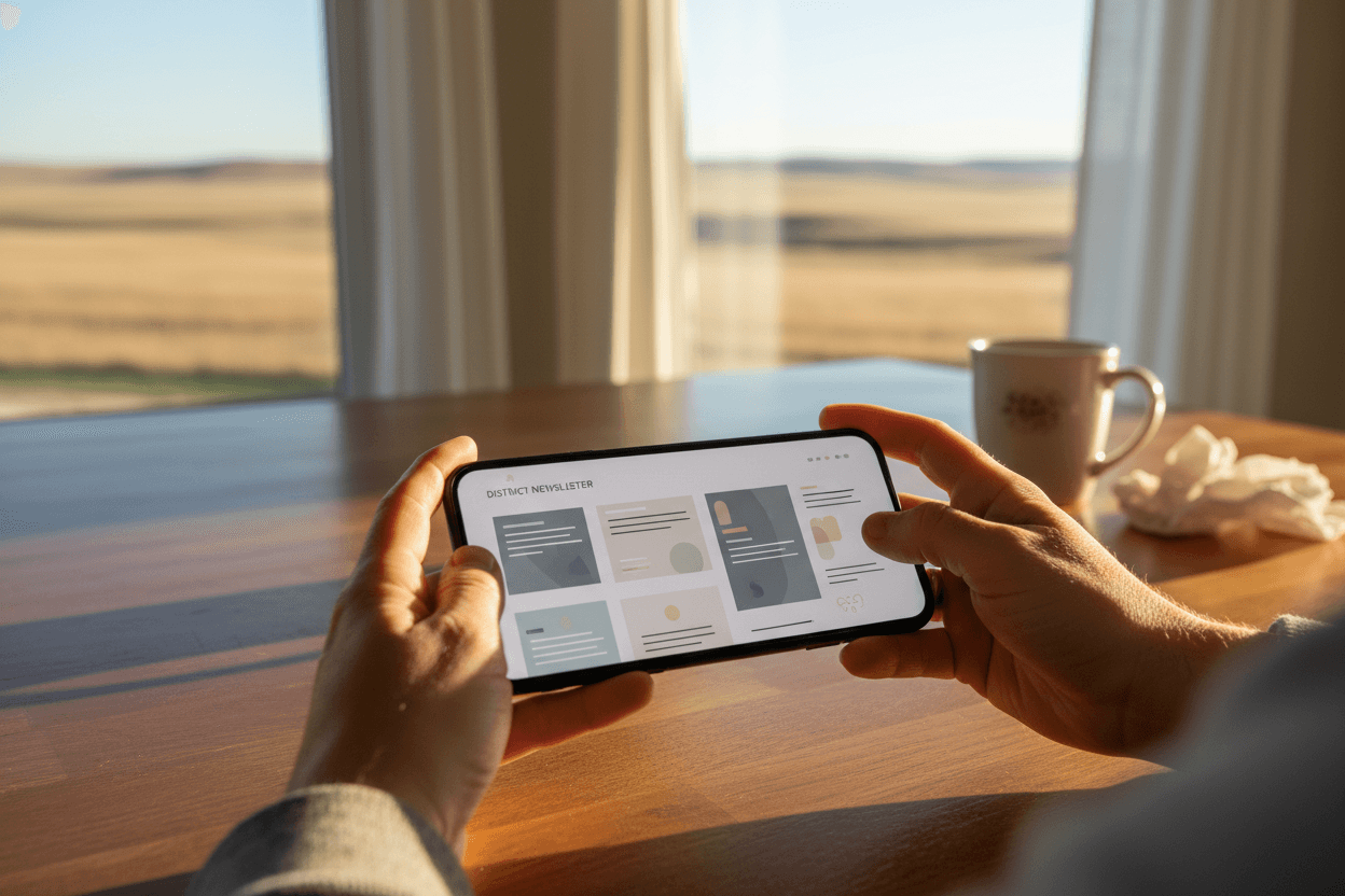 Parent reading a South Dakota school district report card newsletter on a smartphone at a kitchen table