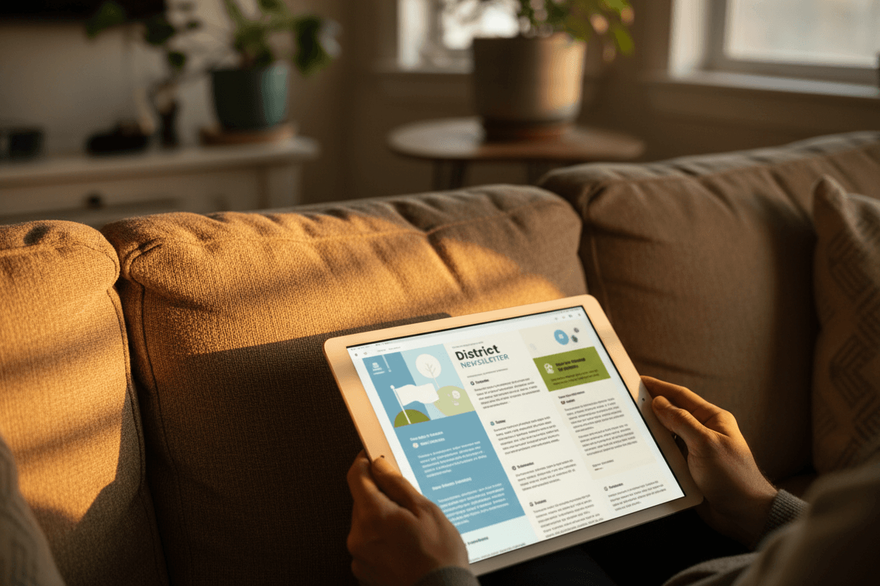 Parent reading a Tennessee TNReady results newsletter on a smartphone at a kitchen table