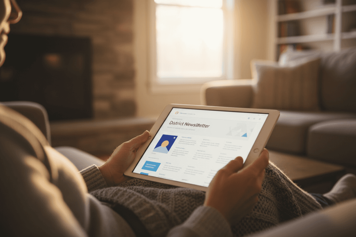 Parent reading Vermont VTCAP results newsletter on a tablet at home