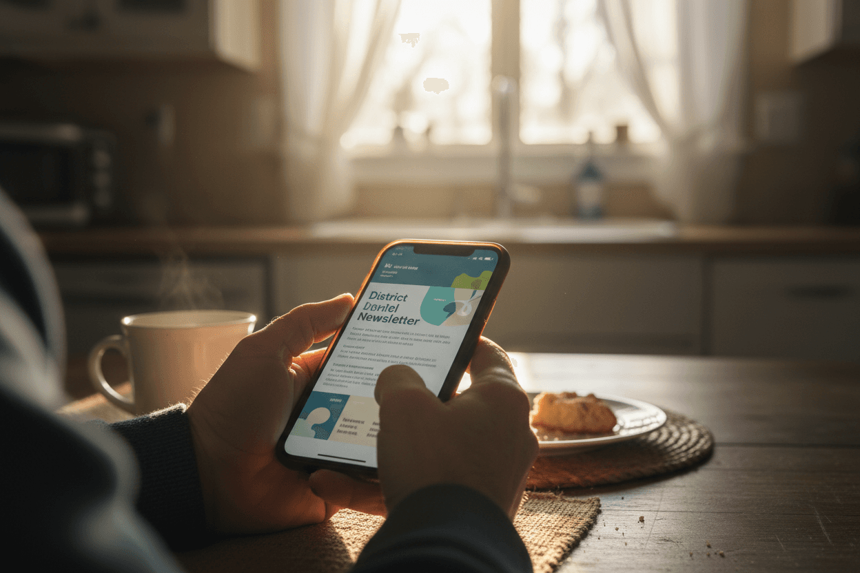 Parent reading a Vermont school district report card newsletter on a smartphone at a kitchen table