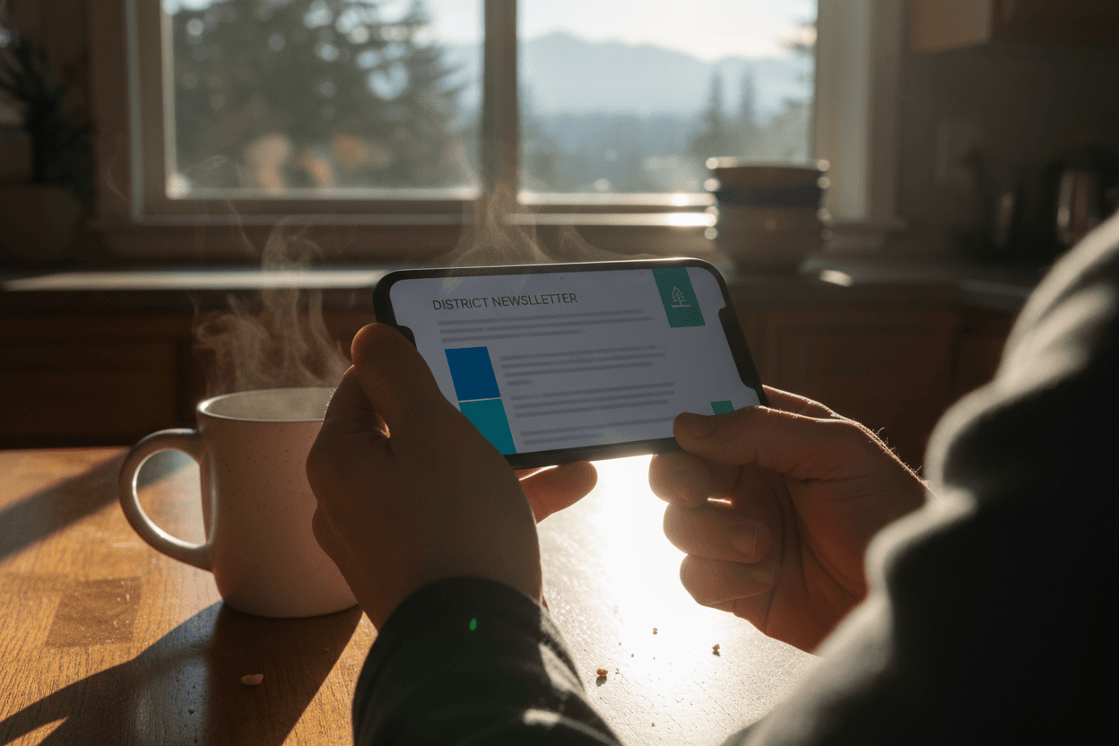 Parent reading a Washington school district report card newsletter on a smartphone at a kitchen table