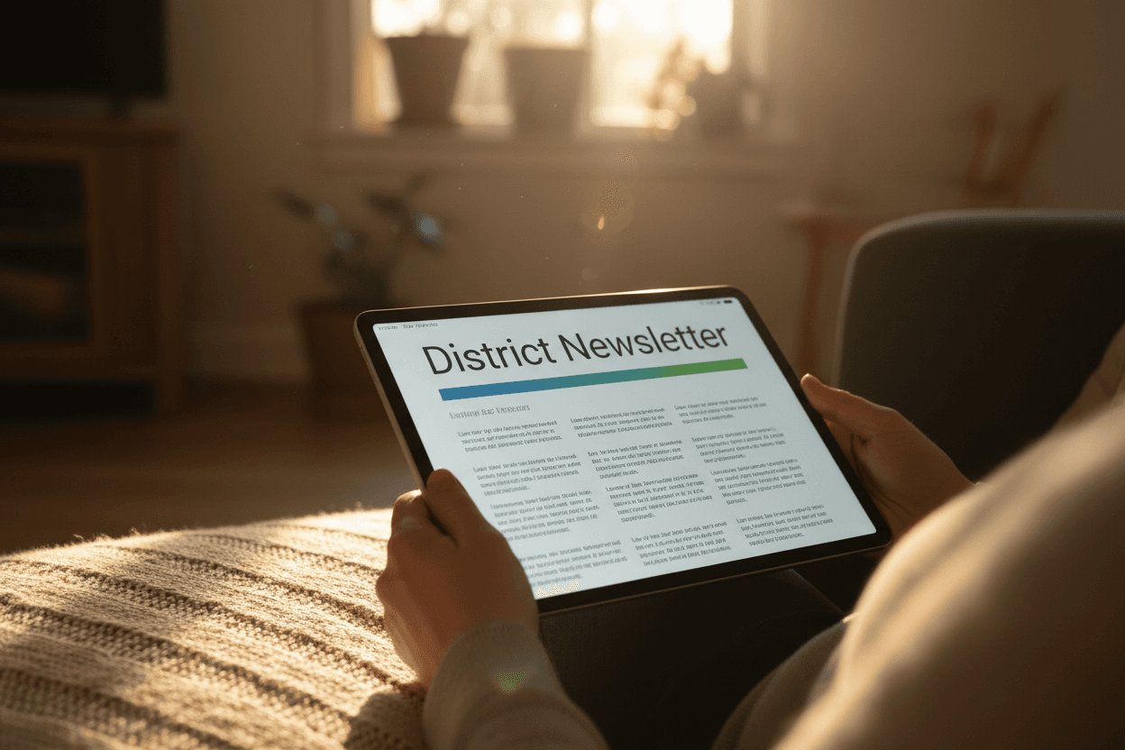 Parent reading West Virginia WVGSA results newsletter on a tablet at home