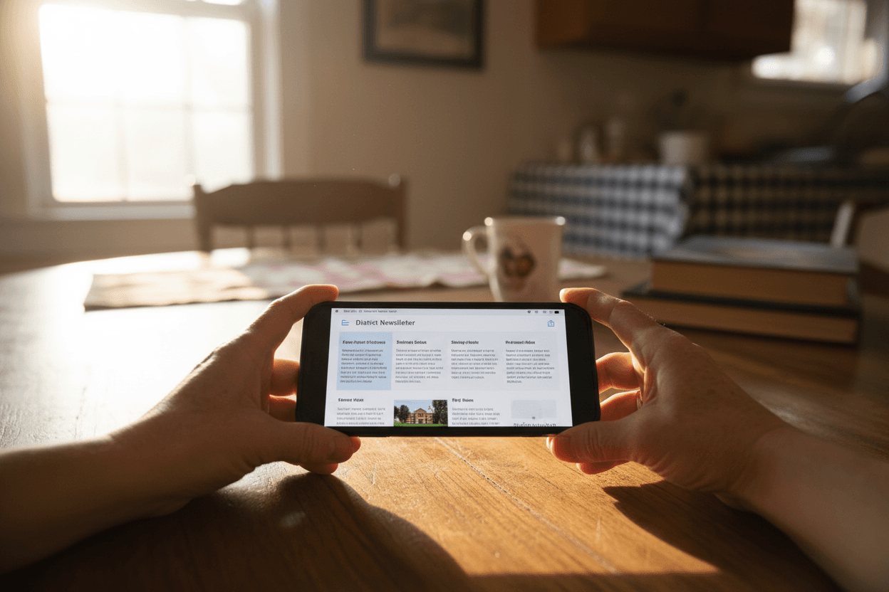Parent reading a West Virginia school district report card newsletter on a smartphone at a kitchen table