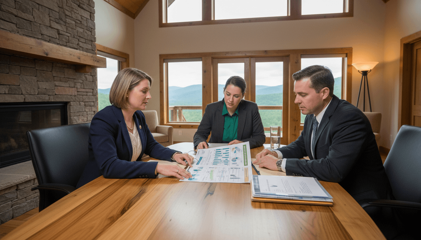 West Virginia district administrator reviewing the West Virginia Balanced Scorecard (ZoomWV) with school leaders at a conference table in a modern office